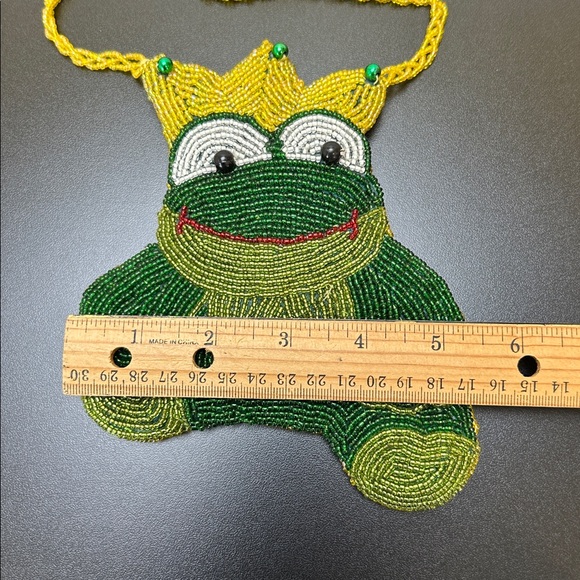 Vtg Prince King Happy Beaded Frog Small Change Zip Purse Crossbody Gold Crown - Picture 8 of 11